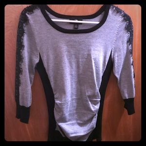 Grey, long-sleeved top, black lace accents